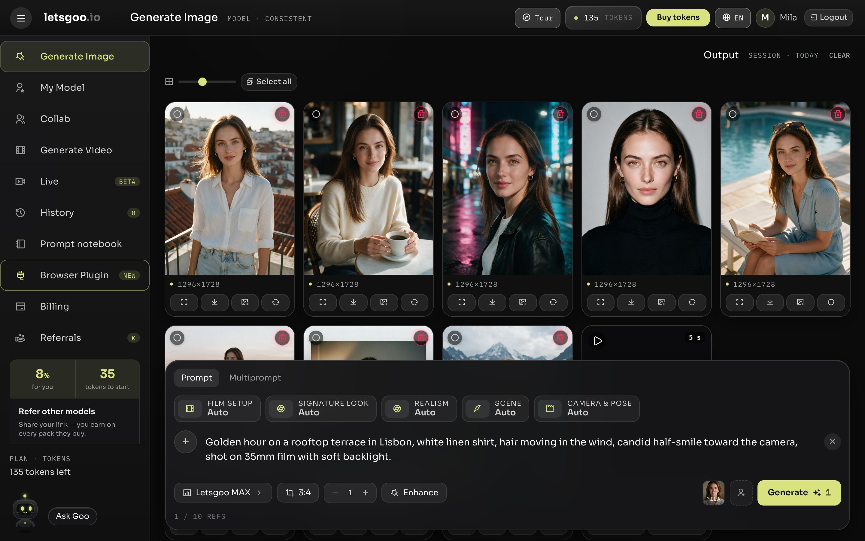 The letsgoo workspace: generated images above the prompt composer