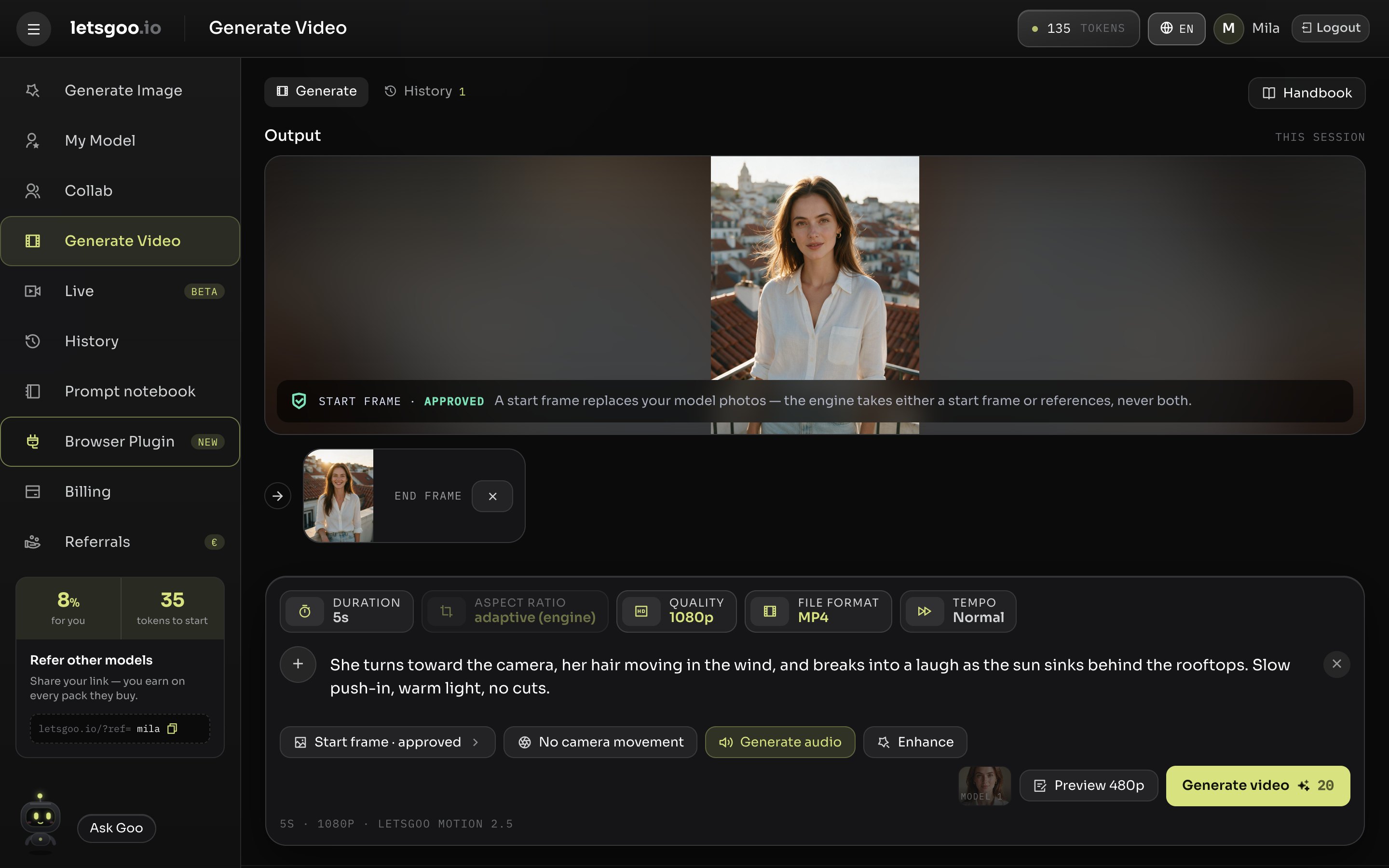 The video page with an approved start frame, an end frame and the video composer