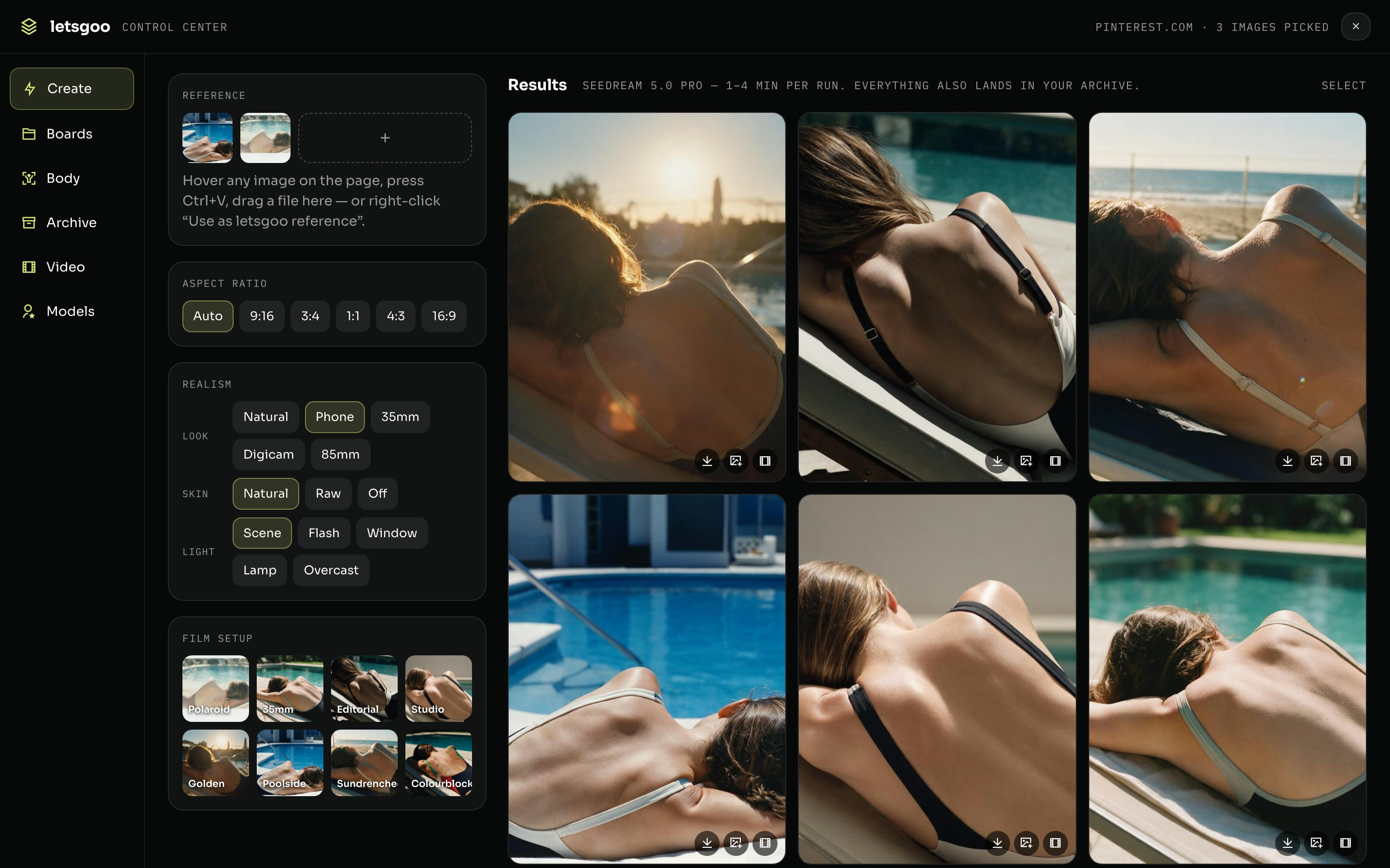 The browser plugin's Control Center opened over a website, with references, settings and results